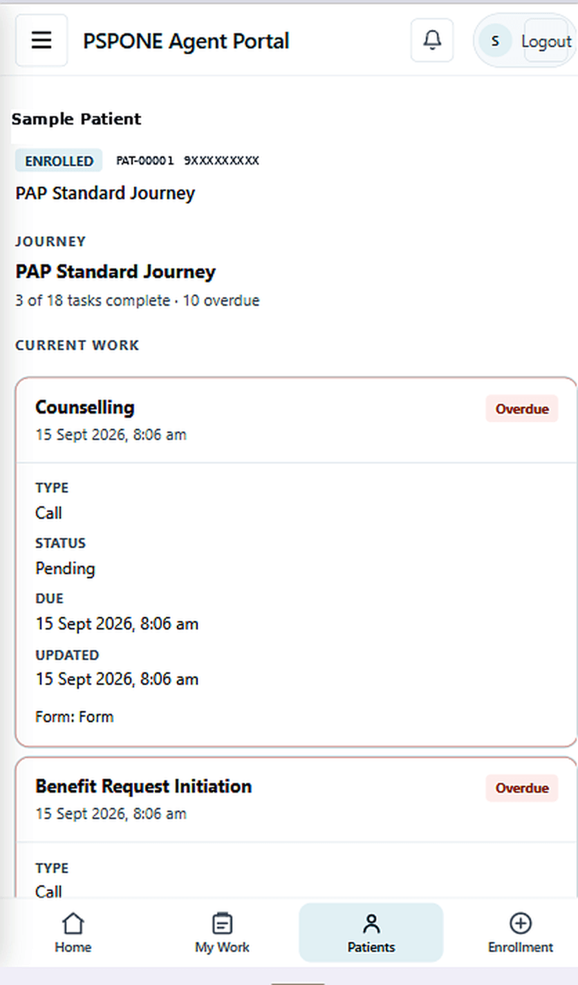 PSPONE patient journey view with current work, task status and due dates