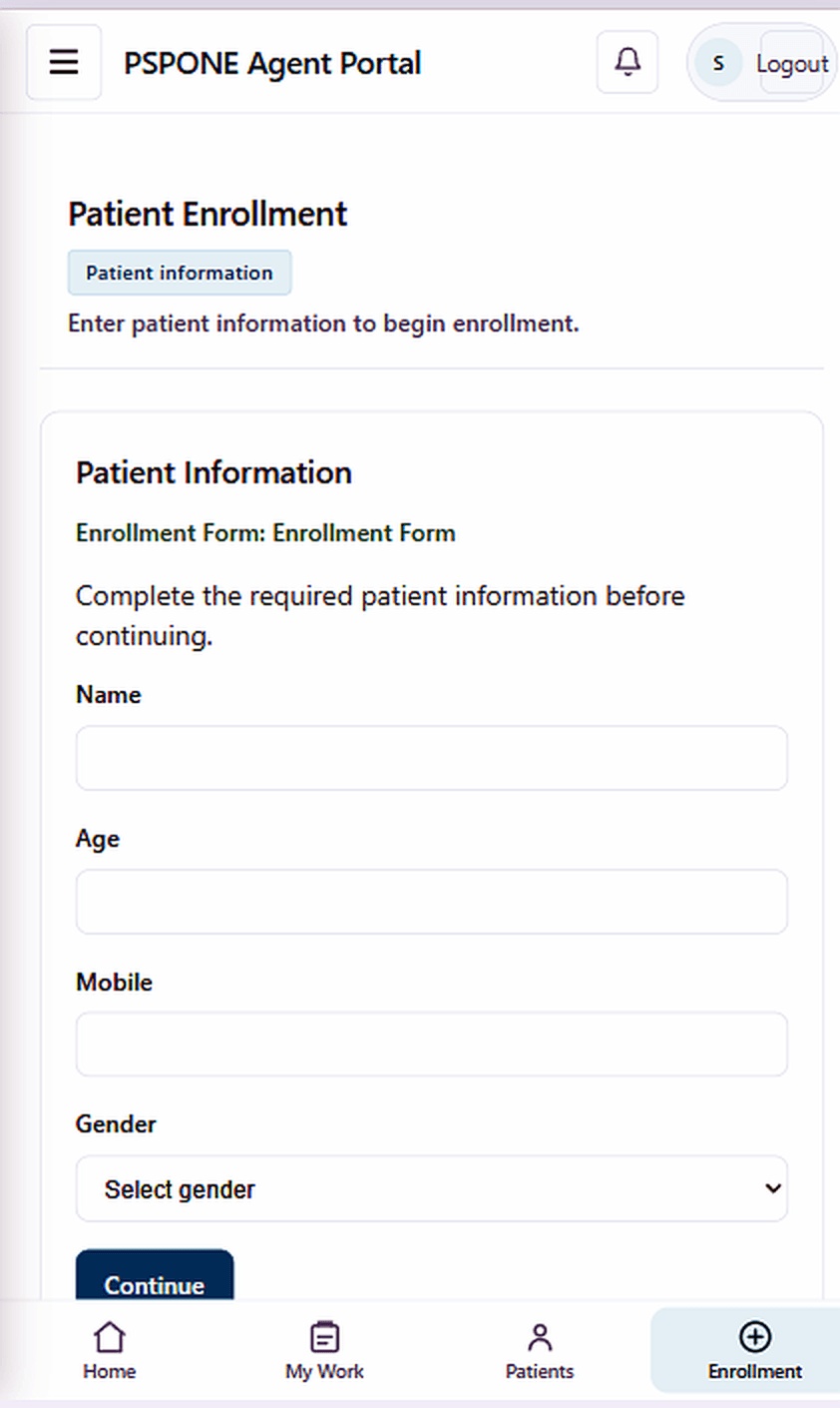 PSPONE Agent Portal patient enrollment form with name, age, mobile and gender fields