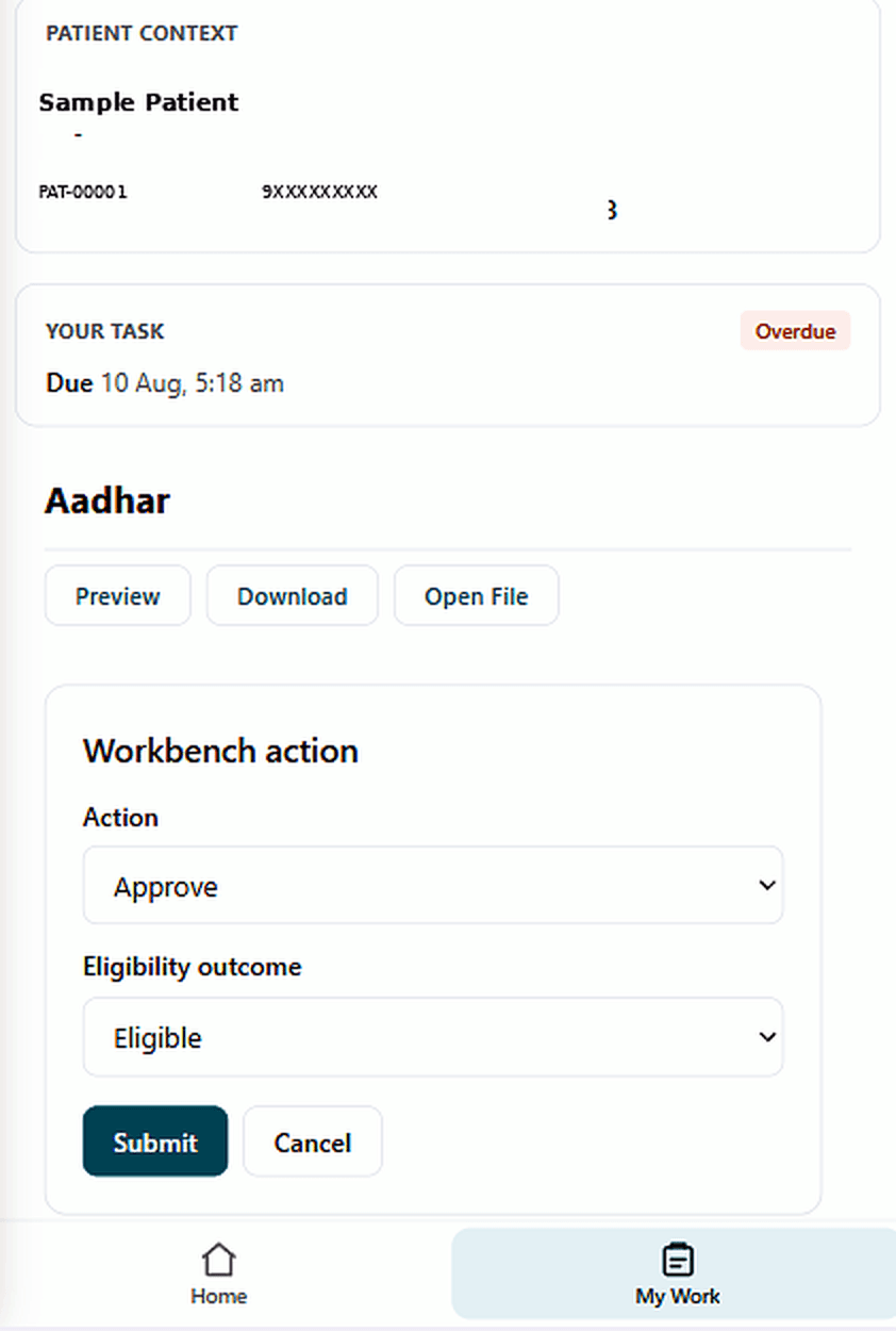 PSPONE document verification workbench with review actions for a patient file