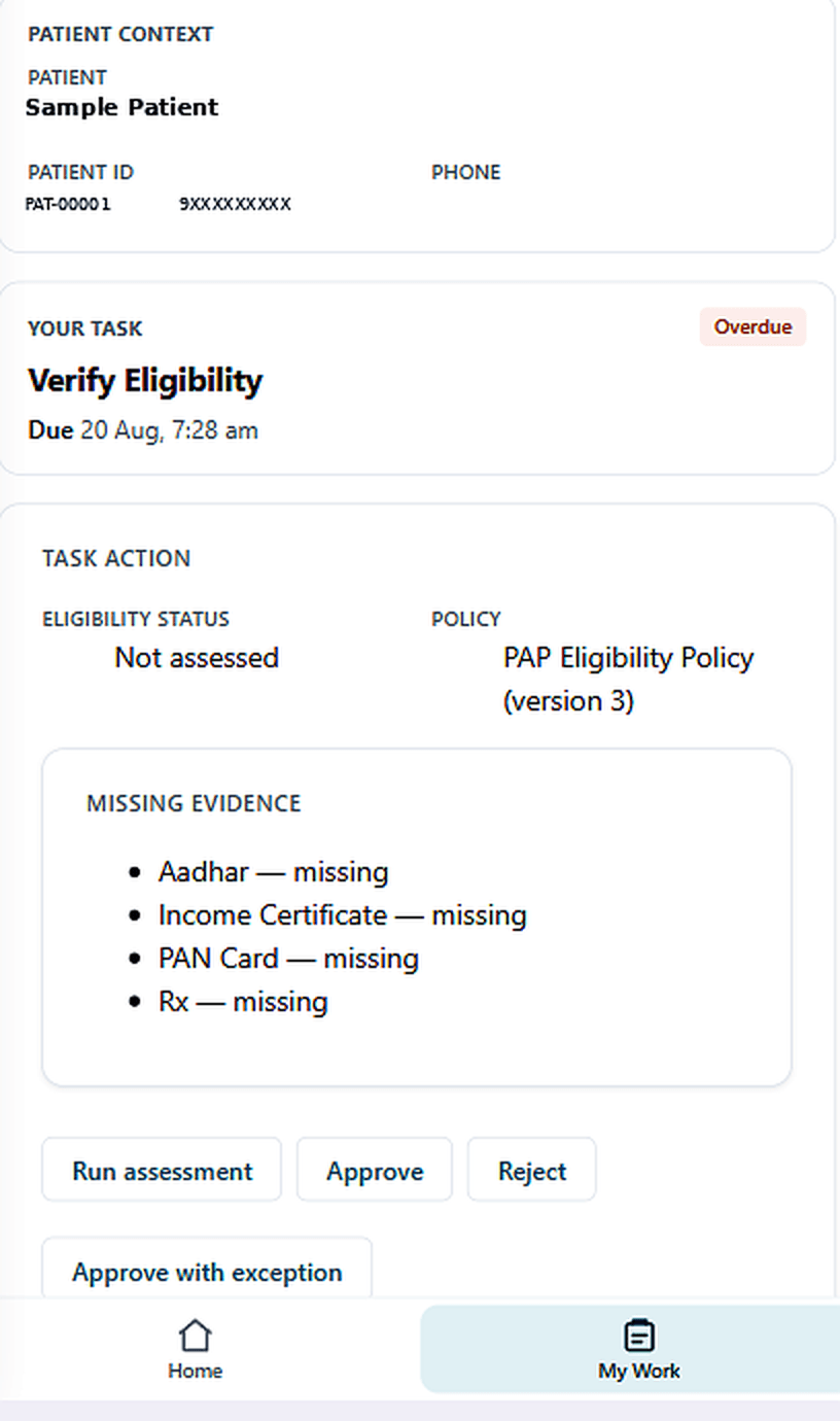 PSPONE eligibility assessment task with policy context and missing evidence
