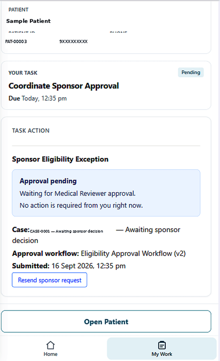 PSPONE sponsor approval task showing a pending medical reviewer decision